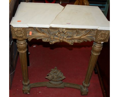 A 19th century gilt wood and white marble topped console table, raised on leaf capped fluted supports (marble repaired), widt