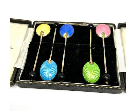 Boxed 5 antique silver &amp; enamel tea spoons 