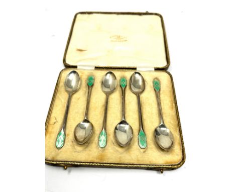 Boxed set of 6 silver &amp; enamel tea spoons 