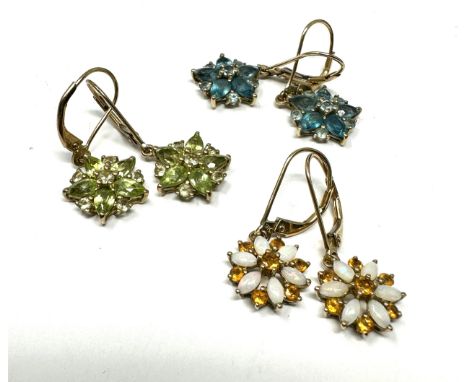 3 x 9ct gold gemstone  drop earrings inc. topaz, peridot, citrine & opal (6.6g) 