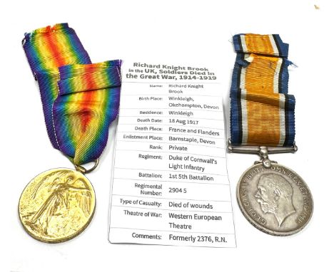 Casualty K.I.A WW1  Medal pair Duke of Cornwalls light infantry 1st 5 battalion to pte r.k.brook d.of corn .l.i 