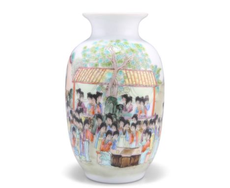 A CHINESE SMALL FAMILLE ROSE VASE, PROBABLY REPUBLICAN PERIOD, of shouldered ovoid form, painted in the round with figures in