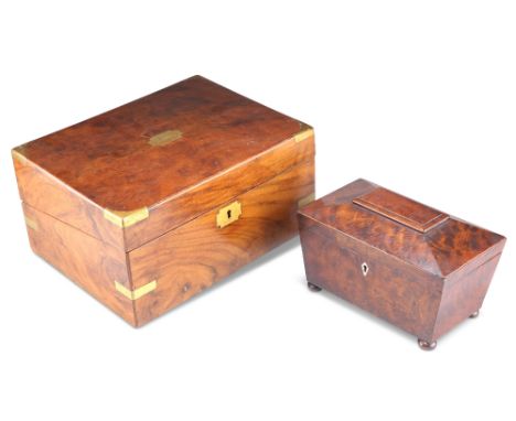A VICTORIAN BRASS-BOUND WALNUT WRITING SLOPE, with fitted interior and brass escutcheon, 29.5cm wide; together with AN EARLY 