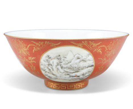 A CHINESE CORAL-GROUND 'MEDALLION' BOWL, the exterior with four grisaille medallions depicting figures in landscapes, all res