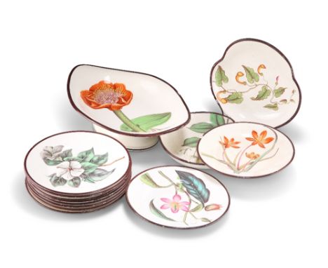 A CREAMWARE BOTANICAL DESSERT SERVICE, CIRCA 1800-1820,&nbsp;comprising ten 7¼-inch plates, an oval footed dish and a pair of