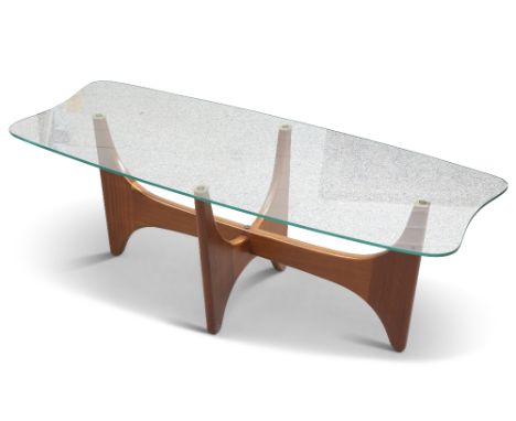 A TEAK AND GLASS COFFEE TABLE, BY STONEHILL, CIRCA 1970S, in the style of Adrian Pearsall, the cross-form frame supporting an