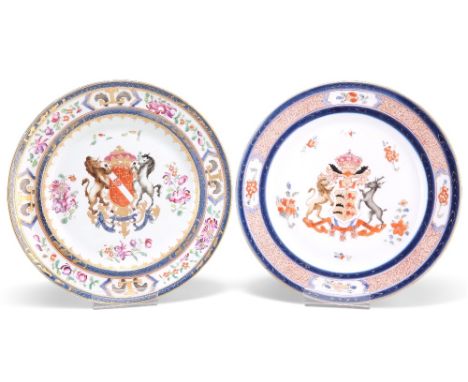 TWO SAMSON ARMORIAL PLATES, LATE 19TH CENTURY, in Chinese export style, each painted with a coat of arms framed by floral spr