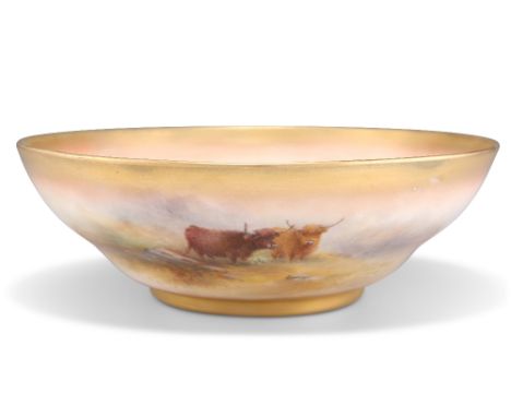 A ROYAL WORCESTER BOWL, shallow form and painted to the well and exterior with Highland cattle, to a blush and gilt ground, s