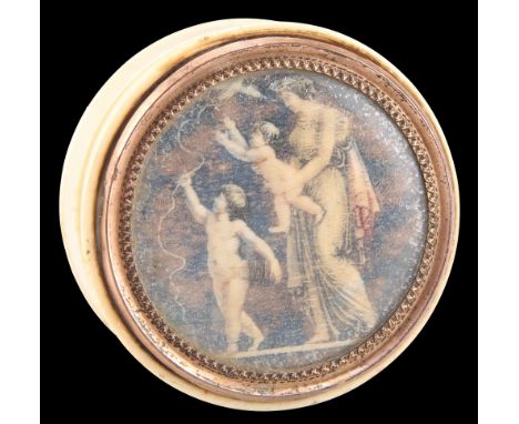 AN IVORY AND TORTOISESHELL SNUFF BOX,&nbsp;circular form, the cover inlaid with an oval miniature on tortoiseshell of a lady 