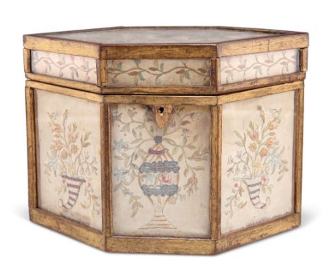 A LOZENGE-SHAPED TEA CADDY, 18TH CENTURY, with twin divisions,&nbsp;the glazed panels enclosing silk embroidery with cornucop