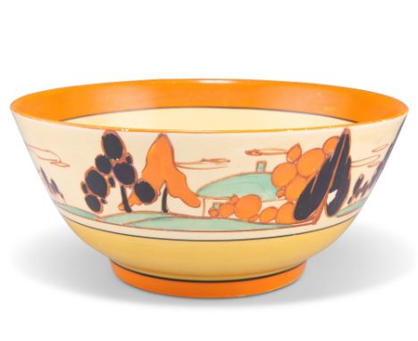 A CLARICE CLIFF 'ORANGE TREES AND HOUSE' PATTERN POTTERY BOWL, CIRCA 1930S, painted with a stylised band of trees and houses 