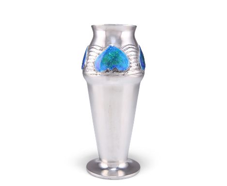 ARCHIBALD KNOX FOR LIBERTY &amp; CO, A TUDRIC PEWTER AND ENAMEL VASE,&nbsp;no. 02510, of&nbsp;shouldered cylindrical form, ca