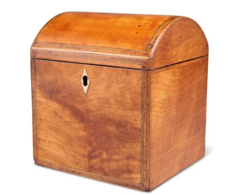 A GEORGIAN STRING-INLAID PARTRIDGE WOOD TEA CADDY, with a domed hinged cover and ivory escutcheon, the interior with a string