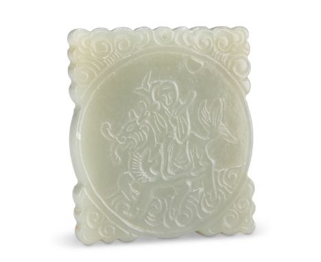 A CHINESE JADE PENDANT PLAQUE,&nbsp;carved depicting a figure riding a quilin and a character mark verso. 4.5cm by 4cmCONDITI