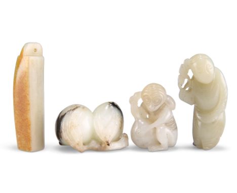 FOUR CHINESE JADE CARVINGS,&nbsp;comprising&nbsp;A MONKEY AND PEACH GROUP, 4cm by 3cm by 2cm;&nbsp;A PEACH BOUGH,&nbsp;3cm by