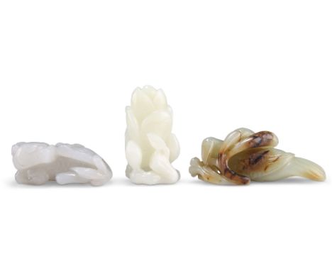 THREE CHINESE JADE GROUPS,&nbsp;comprising&nbsp;A BIRD AND PRUNUS GROUP,&nbsp;3cm by 7cm by 2.5cm;&nbsp;A QILIN AND LINGZHI G