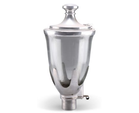 A VINTAGE ALUMINIUM COFFEE GRINDER, ovoid with hinged cover. 37cm high