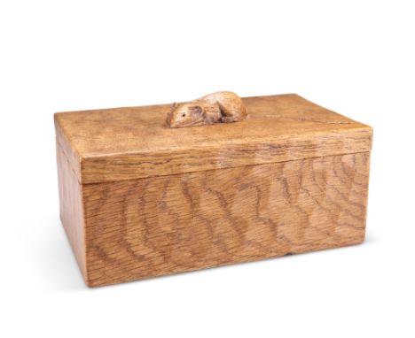 ROBERT THOMPSON OF KILBURN, A VINTAGE MOUSEMAN ADZED OAK TRINKET BOX, rectangular with lift-off cover, with carved mouse sign