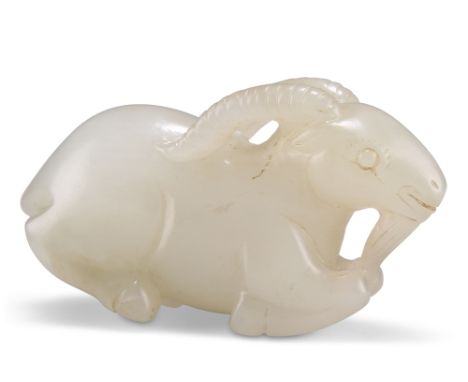 A CHINESE JADE CARVING OF A RAM, in a&nbsp;recumbent pose. 4.5cm by 7cm by 2cmCONDITION REPORTOne dark mark to the back of on