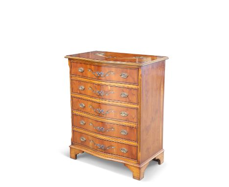 A GEORGIAN-STYLE PAINTED YEW WOOD CHEST OF DRAWERS, serpentine, the top painted with conjoined cornucopia, fitted with five l