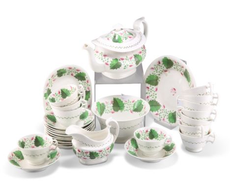 AN EARLY 19TH CENTURY ENGLISH PORCELAIN TEA SERVICE, comprising tea pot and stand, jug, sugar bowl, sandwich plate, eleven cu