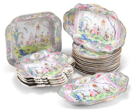 A MASON'S IRONSTONE DESSERT SERVICE, CIRCA 1830, comprising twelve 8-inch plates, four shell-shaped serving dishes, two shape