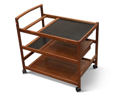 A DANISH TEAK THREE-TIER DRINKS TROLLEY, BY DYRLUND, CIRCA 1960S,&nbsp;the top tier and second tier inset with black and havi