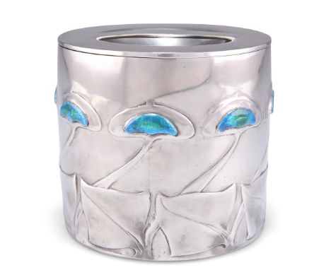 ARCHIBALD KNOX FOR LIBERTY &amp; CO, A TUDRIC PEWTER AND ENAMEL BISCUIT BOX,&nbsp;no. 0193, cylindrical, the concave lid with