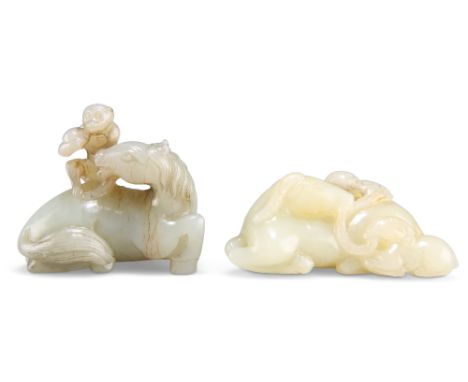 TWO CHINESE JADE GROUPS,&nbsp;comprising&nbsp;A RAM GROUP, carved and pierced depicting a ram and two young, all with vapour 