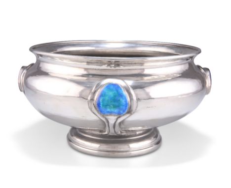 A LIBERTY &amp; CO TUDRIC PEWTER AND ENAMEL LARGE BOWL, PROBABLY DESIGNED BY OLIVER BAKER, no. 01129,&nbsp;the footed bowl ca
