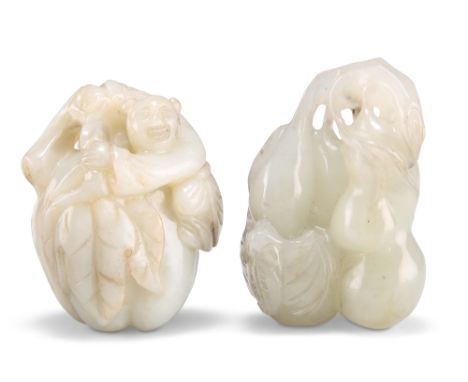 TWO CHINESE JADE GROUPS, comprising&nbsp;A BOY AND GOURD GROUP, carved and pierced depicting a boy climbing upon two gourds, 