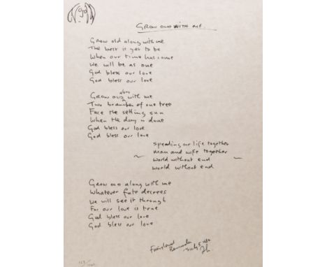 AFTER JOHN LENNON (1940-1980), "GROW OLD WITH ME", lithograph of lyrics, numbered 123/1000 in pencil, framed. Visible sheet 3