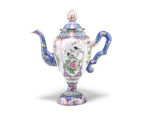 A CANTONESE ENAMEL COFFEE POT, of lobed ovoid form, enamel decorated with birds and blossom. 31cm high