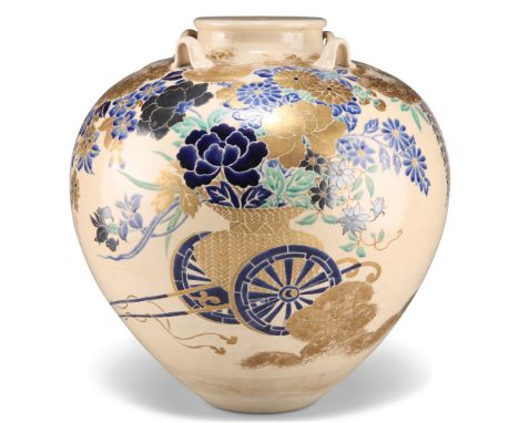 A JAPANESE POTTERY LARGE VASE, bulbous, enamel painted with a cart and an abundance of flowers, four loops to the shoulder, i
