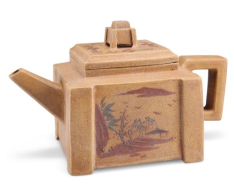 A CHINESE YIXING ZISHA TEAPOT, of square section, with conforming handle and short tapering spout, bears impressed seal marks