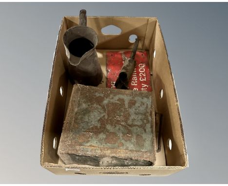A Shell 1920s petrol can together with railway flare lamp, metal jug and a railway warning sign.