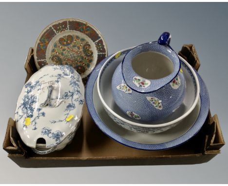 A box containing continental fruit bowl, 19th century English wash jug and basin (a/f), 19th century blue and lidded tureen, 