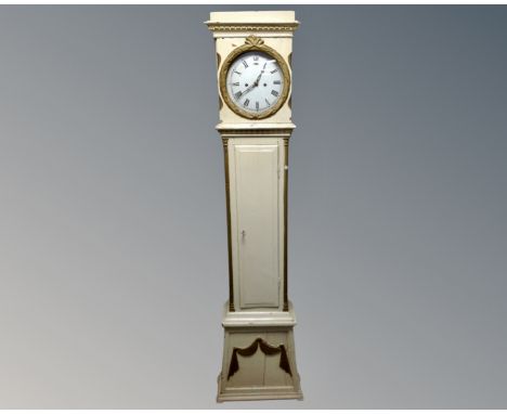 A continental painted oak longcase clock with weights. 
