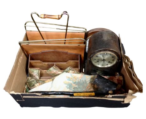 A box containing an Edwardian oak cased mantel clock, a brass and leather magazine rack, a desk stand, a shillelagh, a tapest