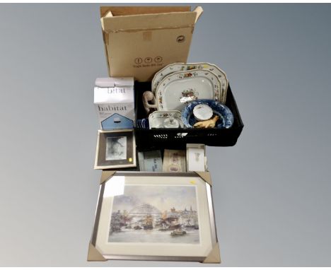 A box containing World War I letters, an abstract ornament, Copeland Spode meat plate and bowl, contemporary mirror in box, M