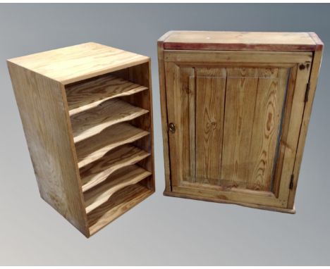 An antique pine hanging corner cupboard (width 52cm), together with a further pine six shelf open filing unit.