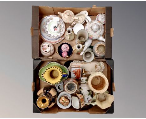 Two boxes of antique and later ceramics to include china dolly tops, transfer printed vases, Masons table lamp, Art Deco jug,