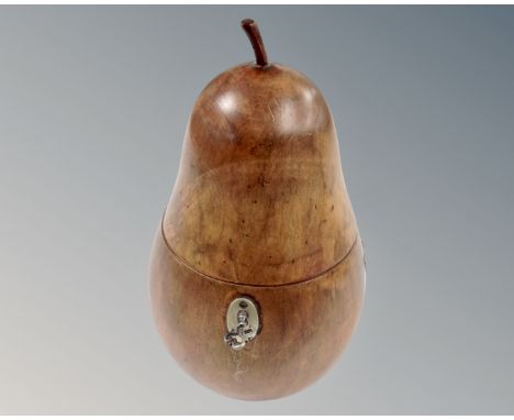 A George III style turned fruitwood tea caddy in the form of a pear. (height 20cm)
