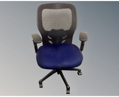 A contemporary office adjustable swivel armchair with fabric seat and mesh back.