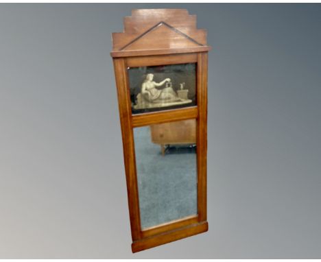 A Scandinavian Biedermeier inlaid mahogany hall mirror with glass classical panel above.