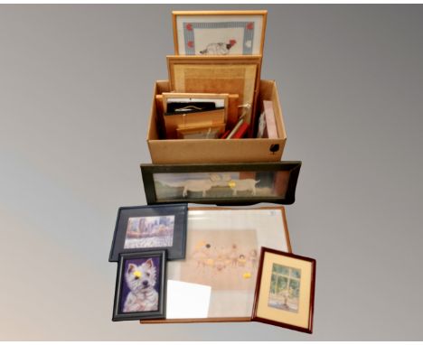 An interesting collection of twenty pictures - Drawings, prints, tapestry, ceramic, collage, etc., all parts framed.  (20) 