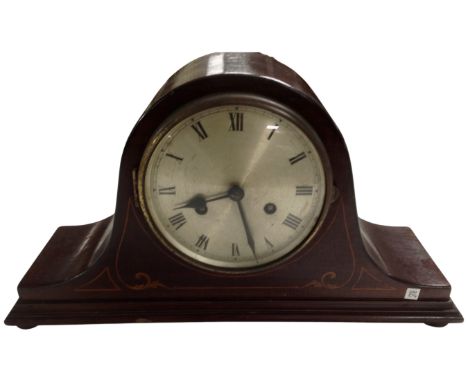 An Edwardian inlaid mahogany mantel clock with silvered dial.