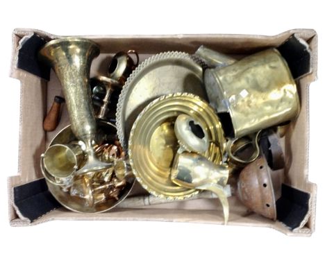 A box containing a quantity of antique and later metalware including poss stick, watering can, vases, candlesticks etc.