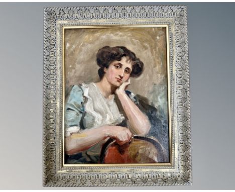 Attributed to Ralph Hedley (1848 - 1913) : Portrait of a Young Woman Seated in Contemplation, oil on canvas, 44 cm x 34 cm, f