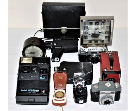 Various cameras to include a Box Brownie, a Halina camera, a colour viewer, a Kodak EK-260-EF, a cine Kodak 8, a Smiths elect